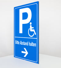 Laden Sie das Bild in den Galerie-Viewer, Behinderten Parkplatz - Abstand Pfeil - Schild - Hochformat - blau - 4 mm Alu Verbundplatte
