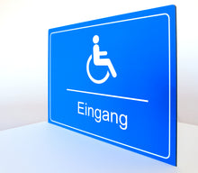 Laden Sie das Bild in den Galerie-Viewer, Behinderten Eingang - Schild - Querformat - blau - 4 mm Alu Verbundplatte