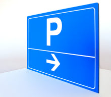 Laden Sie das Bild in den Galerie-Viewer, Parkplatz - Pfeil nach rechts - Schild - Querformat - blau - 4 mm Alu Verbundplatte